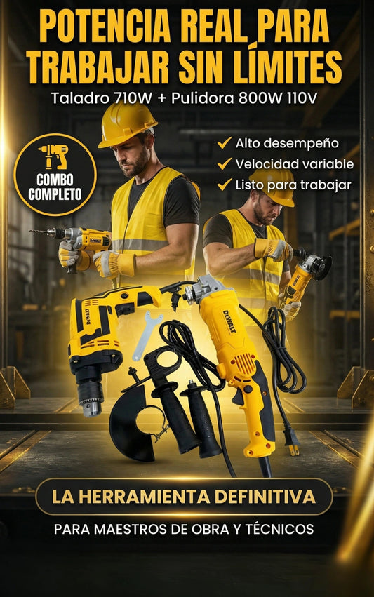 Combo Constructor DEWALT – KIT TALADRO + PULIDORA DE ALTO RENDIMIENTO